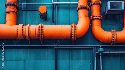 Bold Orange Industrial Pipes Against Teal Textured Wall Featuring Clean Lines and Close-Up Detail