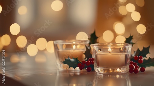 Christmas candles in glass holders with holly and berries on a holiday table with warm lighting and soft bokeh