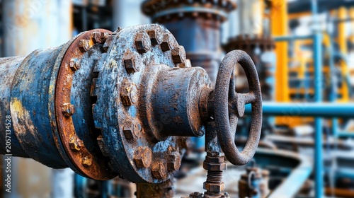 Detailed close-up of heavily rusted industrial machinery with a large valve wheel, set against a blurry factory background