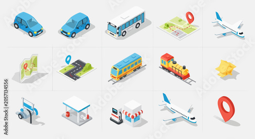 Collection of isometric transportation and location icons.