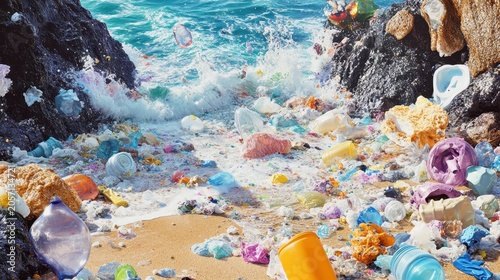 Colorful Plastic Pollution Washes Ashore on a Crowded Beach, Damaging Coastal Ecosystems