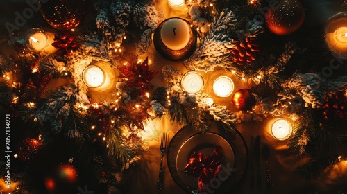 Cozy Christmas Dinner Table Setting with Festive Holiday Decorations and Warm Candlelight