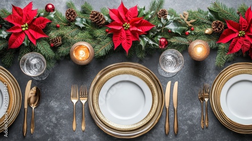 Elegant Christmas Table Setting with Poinsettia Centerpiece and Gold Accents, Overhead View