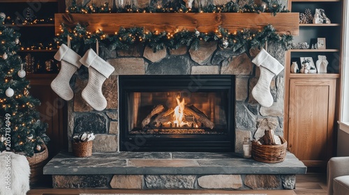Cozy Christmas Fireplace Decorated with Garlands and Stockings on a Rustic Stone Hearth