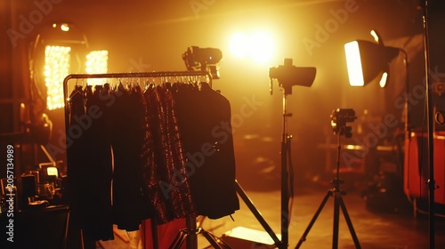 Creative fashion studio setup with ambient lighting and clothing racks, perfect for professional photo shoots and design work.