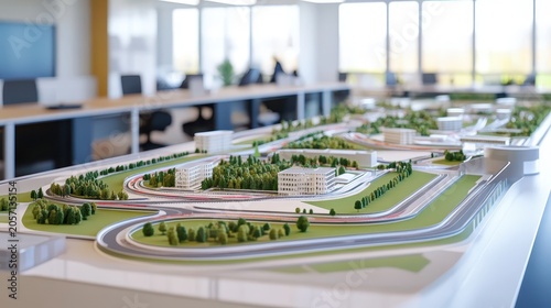 Detailed architectural model of a city circuit design displayed in a bright modern office setting for presentation