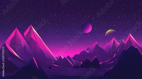 Alien mountain landscape under a vibrant starry night sky with distant planets