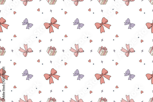 seamless pattern with pastel bows, gift boxes, hearts and sparkles. Hand drawn feminine background in coquette style for fabric, wrapping paper, stationery, wallpaper and packaging design.