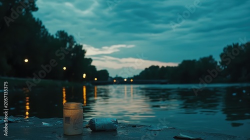 Discarded plastic trash floating on a suburban riverbank at dusk, illuminated by soft evening light and overcast clouds