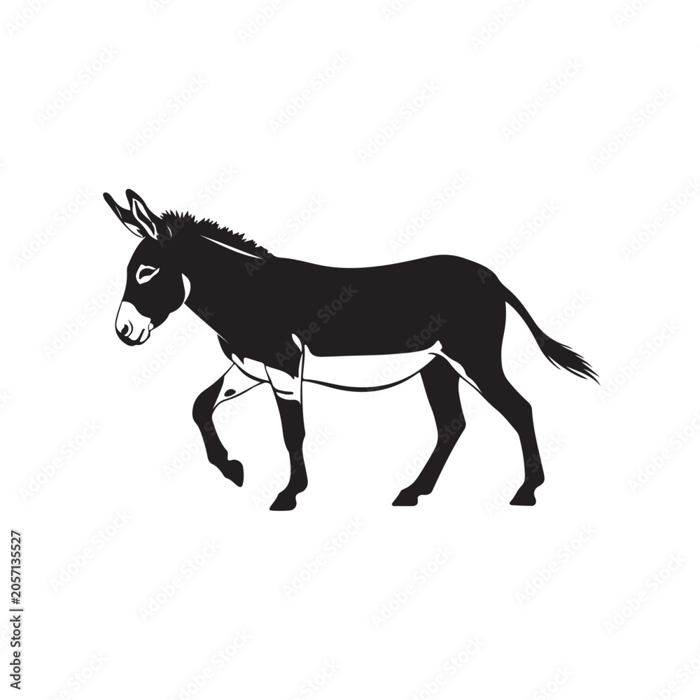 Fototapeta premium Elegant Black Donkey Silhouette Walking with Halter Rope in Side Profile Isolated on White, Perfect for Farm Animal Art, Logo, Print, Sticker and Digital Design