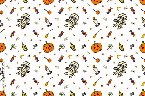 Seamless Halloween pattern with pumpkins and mummies for packaging, clothing and design