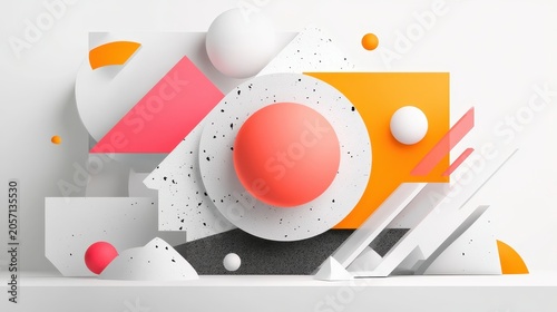 Dynamic Abstract Composition Featuring Vibrant Geometric Shapes Spheres and Planes Creating a Modern Visual Landscape