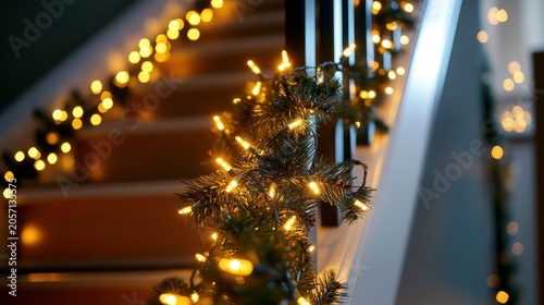 Festive Christmas Garland with Twinkling Lights Adorning a Staircase with Soft Holiday Glow