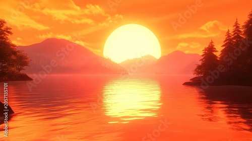 Breathtaking Sunset Over Tranquil River with Vibrant Orange and Yellow Hues Reflected in Water
