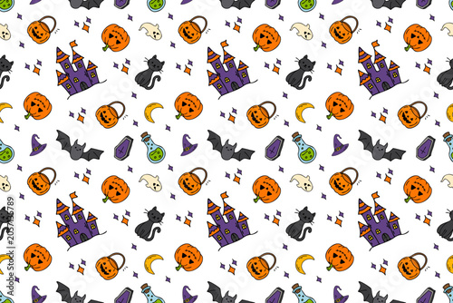 Halloween seamless pattern with pumpkins, haunted castle, bats, black cats, ghosts and magic elements. Hand drawn spooky doodle background for fabric, wrapping paper and party design.