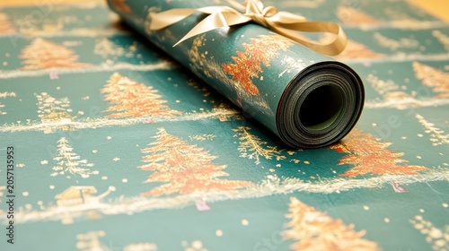 Festive Christmas Wrapping Paper Rolled With Gold Ribbon, Featuring Evergreen Trees and Twinkling Lights