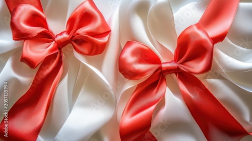 Elegant red satin bows adorning soft white fabric, perfect for festive holiday gift wrapping and special occasion decorations.