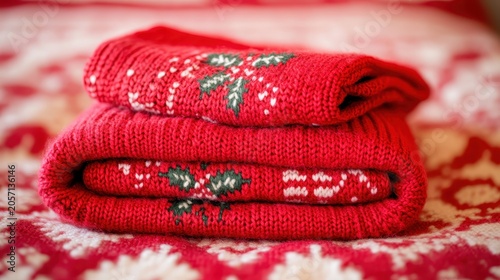 Folded Christmas Sweater with Holly Design in Cozy Red Fabric