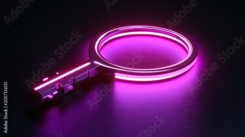 Futuristic Neon Key with Digital Paths and Holographic Elements in a Dark, Cybernetic Setting
