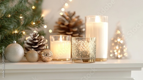 Festive Christmas Candles and Decorations Arranged on a Cozy Mantel with Soft Holiday Lighting