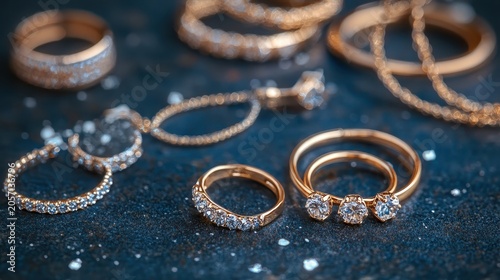 Exquisite gold diamond rings and jewelry arrayed elegantly showcasing luxury and sparkle