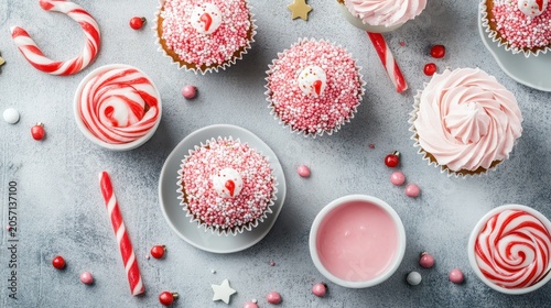 Festive holiday cupcakes with colorful sprinkles and candy decorations arranged on a textured table, perfect for seasonal celebrations and baking inspiration.