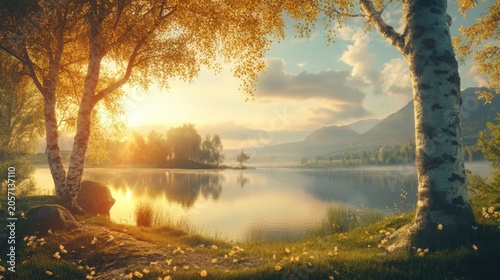 Golden Sunset Light Illuminates Peaceful Lake Reflections With Silhouetted Trees and Distant Mountains