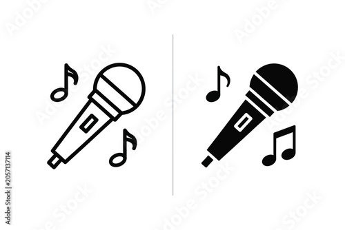 Microphone and musical notes vector illustration, line art and solid style