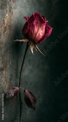 Wilted red rose leans against textured wall