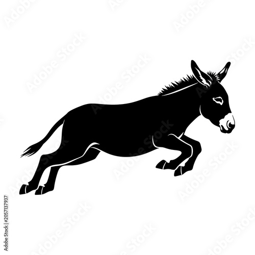 Black Donkey Silhouette Leaping Forward in Side Profile Isolated on White, Great for Animal Art, Farm Logo, Icon, Sticker, Print and Digital Design
