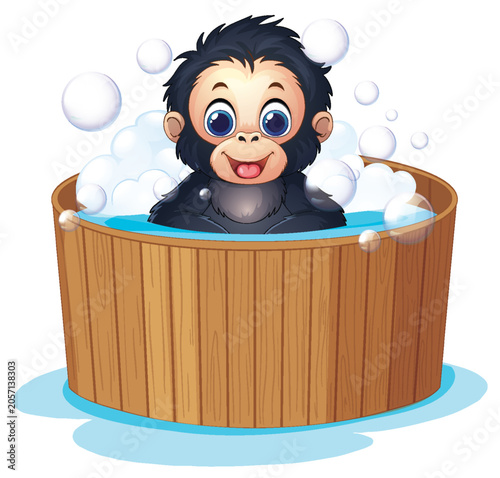 Cute Baby Chimpanzee Smiling in a Wooden Bathtub with Soap Bubbles