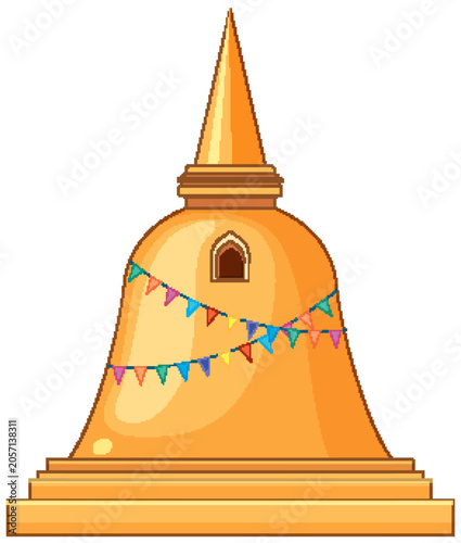 Golden Buddhist Pagoda Stupa Vector Illustration with Colorful Festival Bunting