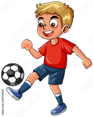 Young Boy Playing Soccer in Red Shirt and Blue Shorts