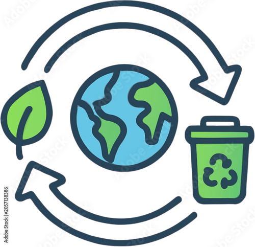 Sustainability and Circular Economy Icon Featuring Global Earth Recycling Symbol with Eco Friendly Nature Leaf and Waste Bin