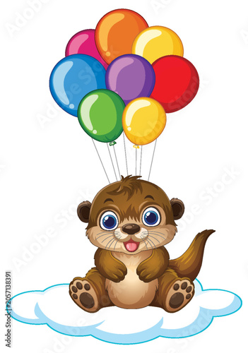 Cute Cartoon Otter Floating on Cloud with Colorful Balloons Illustration