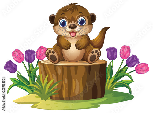 Cute Cartoon Otter Sitting on Tree Stump with Spring Flowers