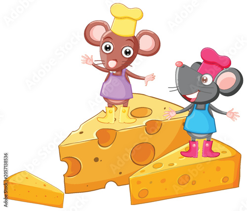 Two Cartoon Mice Chefs Standing on Large Wedges of Swiss Cheese