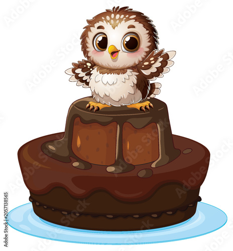 Cute Baby Owl Sitting on a Two Tier Chocolate Cake