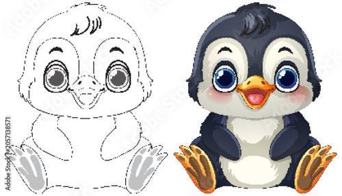 Cute Baby Penguin Cartoon Character with Line Art Coloring Page