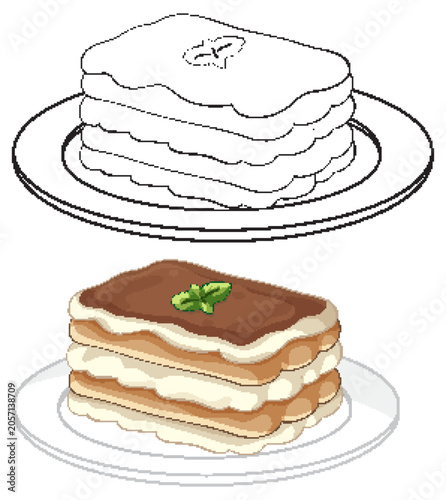 Tiramisu Dessert Vector Illustration with Line Art and Colored Versions