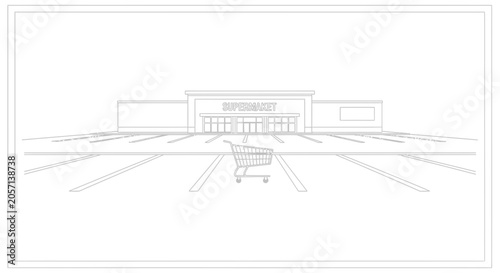 Supermarket exterior with shopping cart in empty parking lot, line art illustration