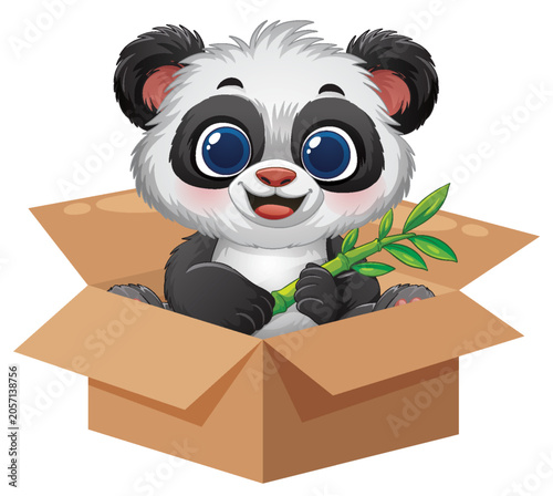 Cute Baby Panda Sitting in a Cardboard Box Holding Bamboo