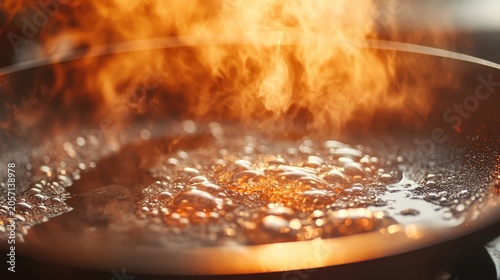 Intense steam rises from bubbling liquid in a hot cooking pot with warm kitchen lighting