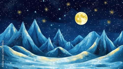 Majestic Snowy Mountains Under a Brilliant Starry Night Sky With a Full Moon
