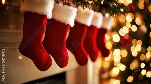 Red Christmas stockings with white trim hang in a row on a mantle with festive bokeh lights creating a warm, inviting holiday atmosphere.
