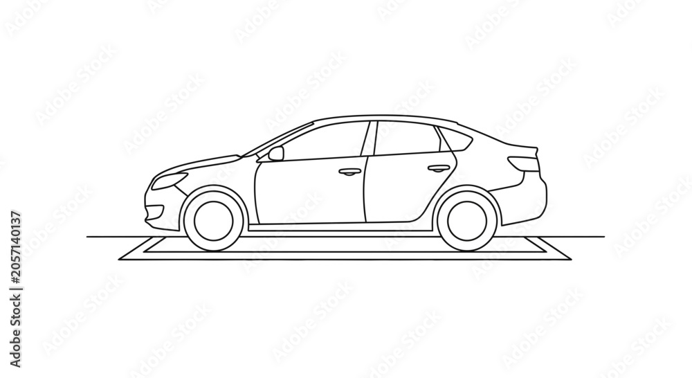 Fototapeta premium Simple Line Drawing of a Sedan Car Parked in a Designated Spot