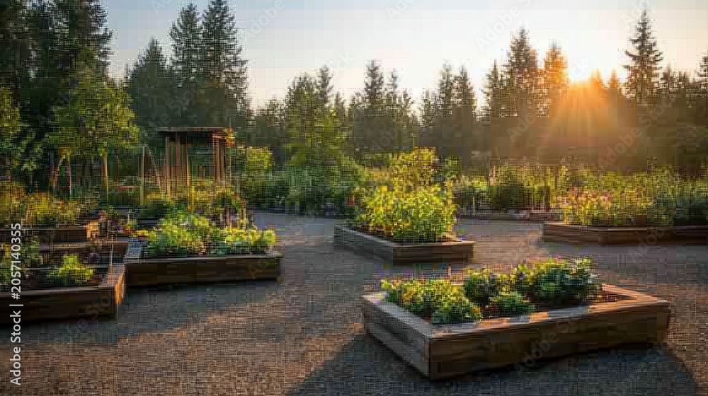 Obraz premium Lush community garden with raised beds of fresh vegetables bathed in soft morning sunlight amidst trees