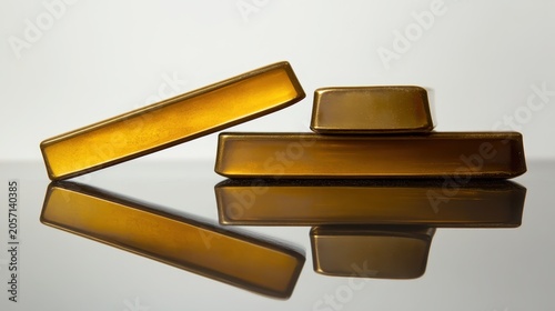 Stacked gold bars with a reflective sheen, symbolizing financial success and precious wealth.