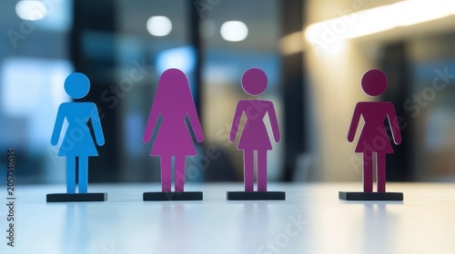 Symbolic figures representing gender diversity and equality in professional leadership roles and modern workplaces