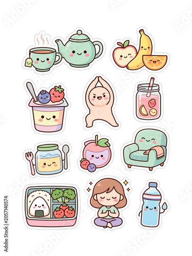 Charming kawaii illustration featuring cute food items, a person doing yoga, and a relaxing armchair